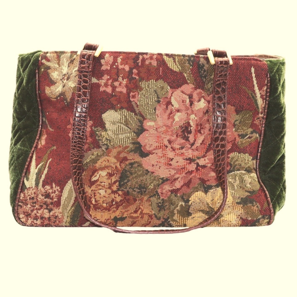 Bueno Tapestry & Velvet Handbag Burgundy/Green Crocodile Trim Retro Boho